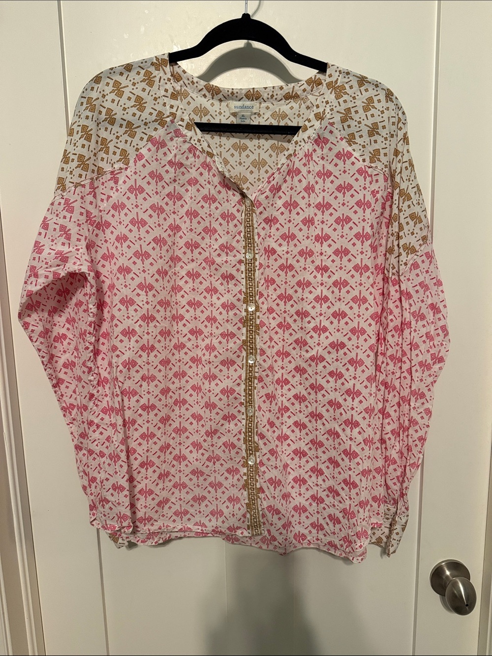Sundance Rosalia Pink and Gold Printed Button-Front 100% Cotton Blouse Size XL
